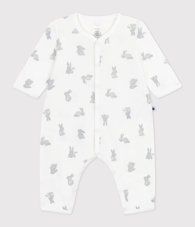 Pigiama senza piedini in cotone con coniglio stampato neonato bianco/grigio