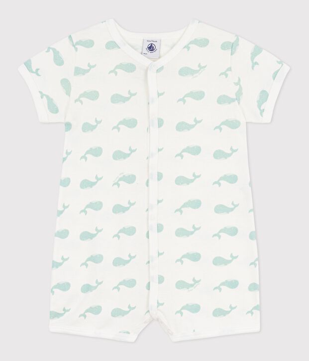 Tutina corta in cotone con stampa balena neonato bianco/blu