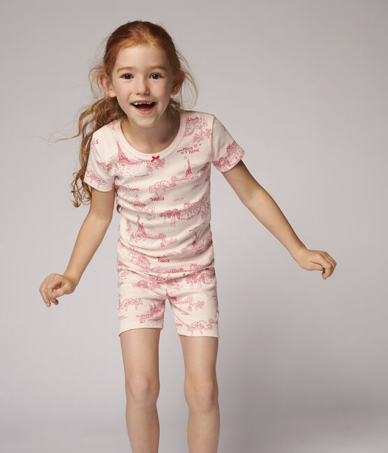 Pigiama corto snugfit tela di Jouy Parigi bambina in cotone rosa FLEUR/rosa GROSEILLER