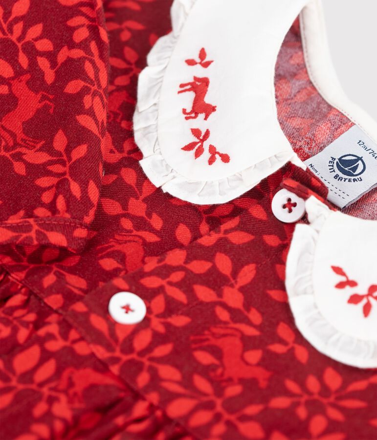 Abito a maniche lunghe in cotone con stampa e colletto ricamato neonata rosso/rosso