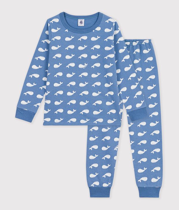 Pigiama in tessuto felpato con balene stampate bambino blu/bianco