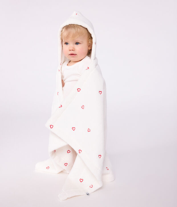 Mantellina da bagno in spugna con cuori ricamati neonato bianco/rosa