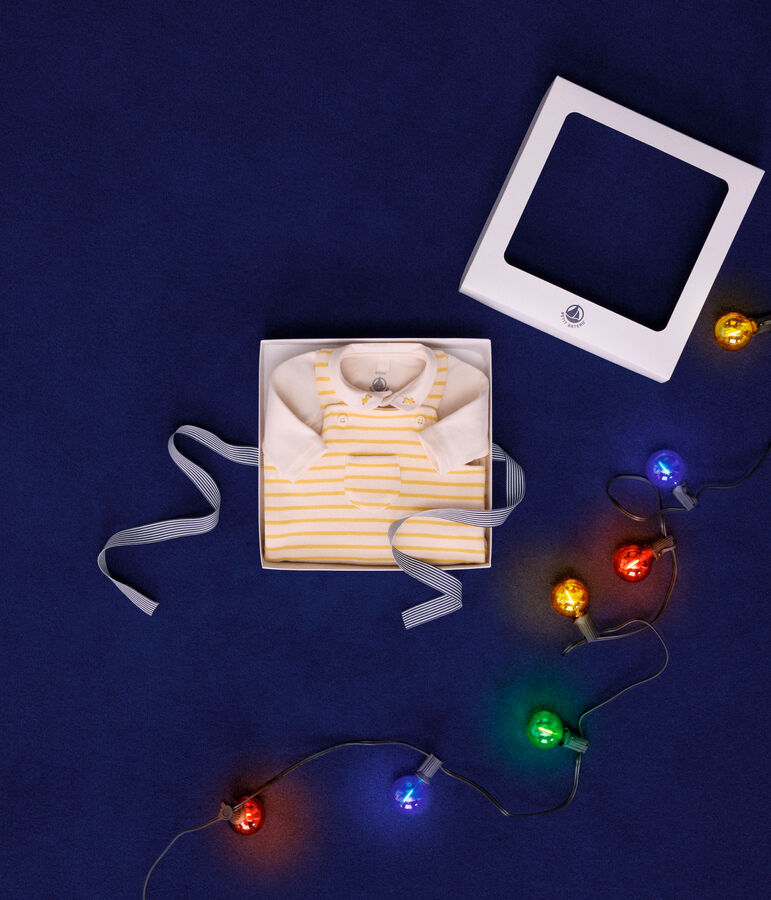 Set completo di salopette e body in cotone per neonato ecru/giallo