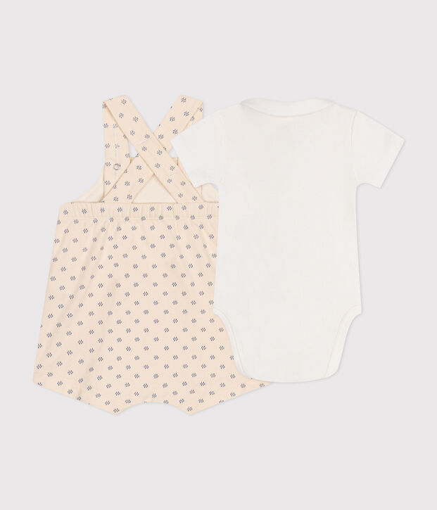 Completo salopette in felpa leggera beb&egrave; ecru/multicolore