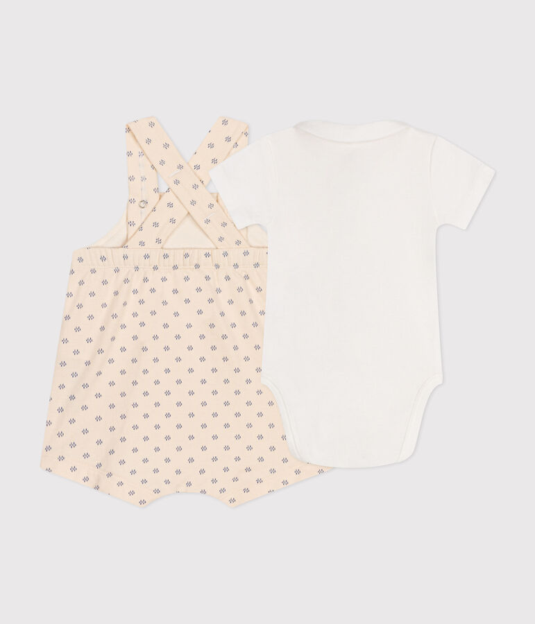 Completo salopette in felpa leggera beb&egrave; ecru/multicolore