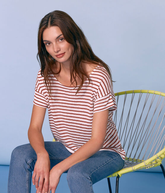 T-shirt maniche corte donna in lino bianco MARSHMALLOW/rosa COPPER