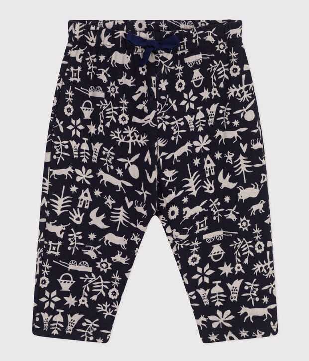 Pantaloni in tubique trapuntato con stampa per beb&egrave; blu/ecru