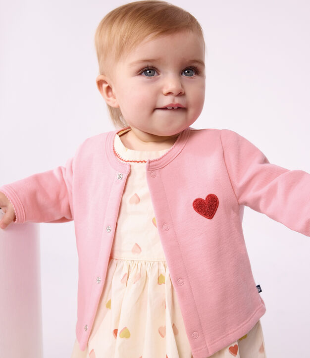 Cardigan in cotone tinta unita con stemma a cuore neonato rosa
