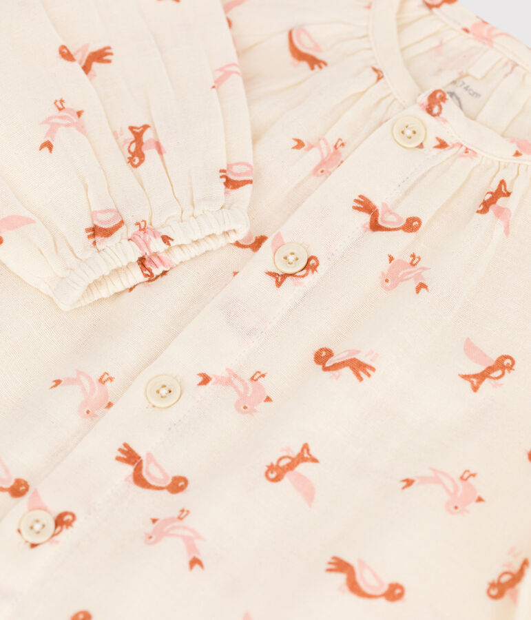 Tutina lunga beb&egrave; con motivo uccelli in garza di cotone ecru/multicolore