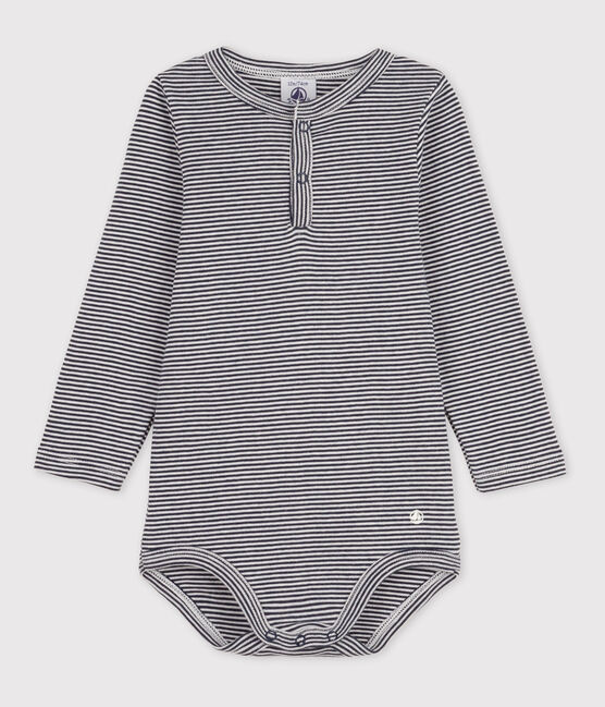 Body a manica lunga bebè a righe scollo serafino in cotone blu SMOKING/bianco MARSHMALLOW