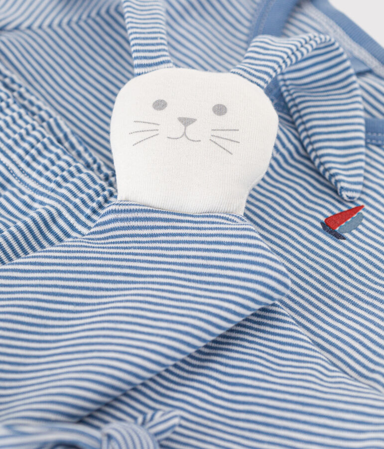 Set 3 pezzi in cotone neonato blu/bianco