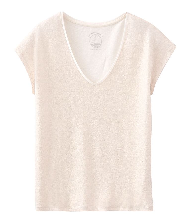T-shirt maniche corte donna in lino cangiante bianco MARSHMALLOW/rosa COPPER