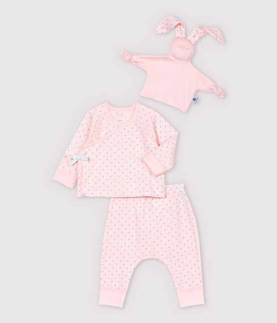 Completo 3 pezzi rosa bebè bambina in cotone biologico rosa FLEUR/blu EDNA