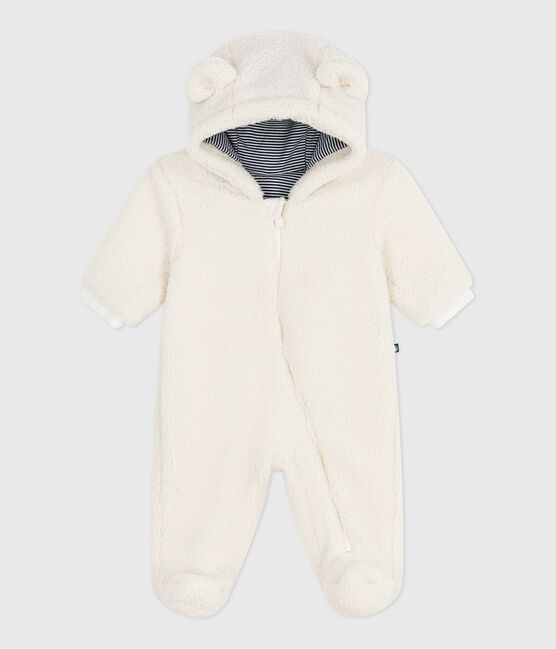 Tutina imbottita in sherpa con orecchie e fodera millerighe neonato ecru MILK