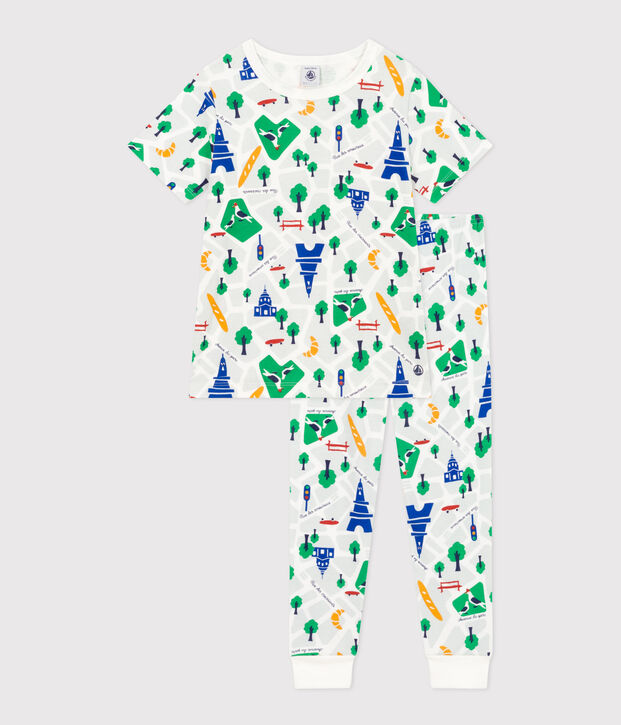 Pigiama bambino in cotone stampato Parigi bianco/multicolore