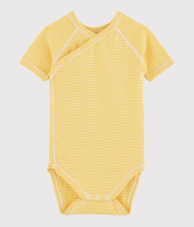 Body incrociato a manica corta beb&egrave; unisex giallo/bianco