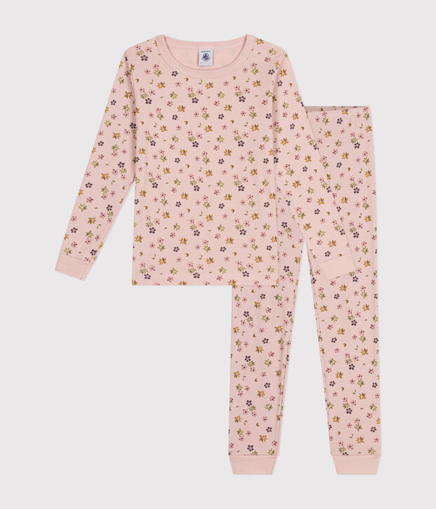 Pigiama aderente in cotone con stampa a fiori bambino rosa/bianco