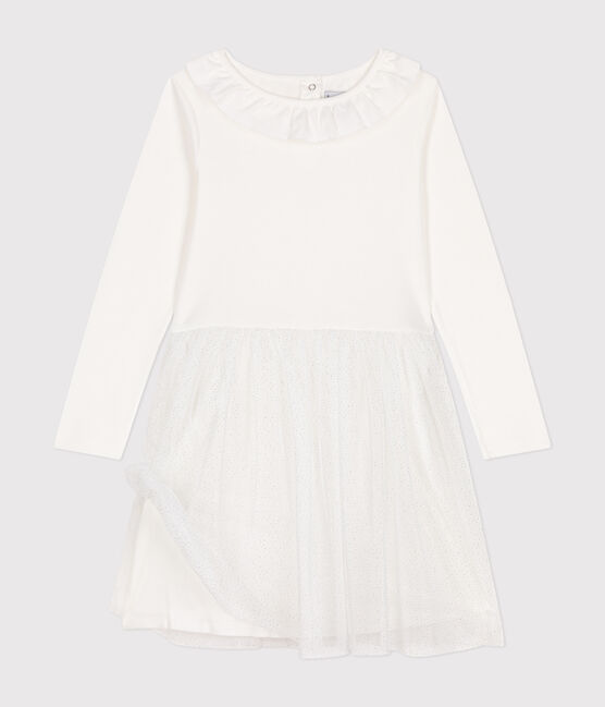 Abito in tessuto a costine e tulle bambina bianco MARSHMALLOW