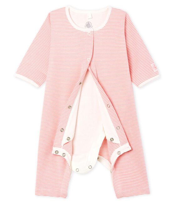 Bodyjama senza piedi bebè femmina a costine rosa CHARME/bianco MARSHMALLOW