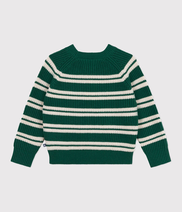 Pullover in misto lana e cotone a righe bambino verde/ecru