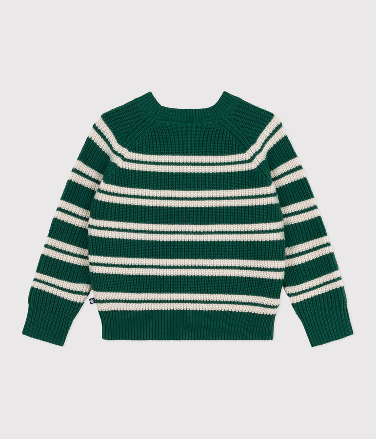 Pullover in misto lana e cotone a righe bambino verde/ecru