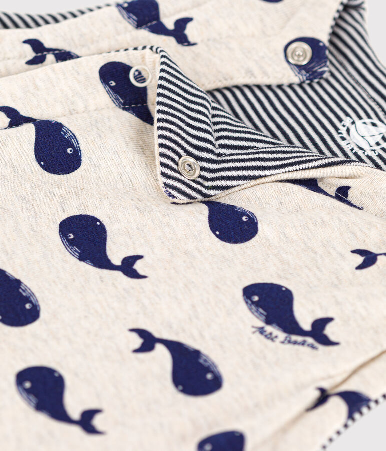 Gilet senza maniche beb&egrave; in cotone double face con motivo balene beige/blu