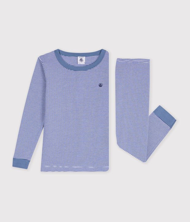 Pigiama molto aderente bambino in cotone a righe blu/bianco