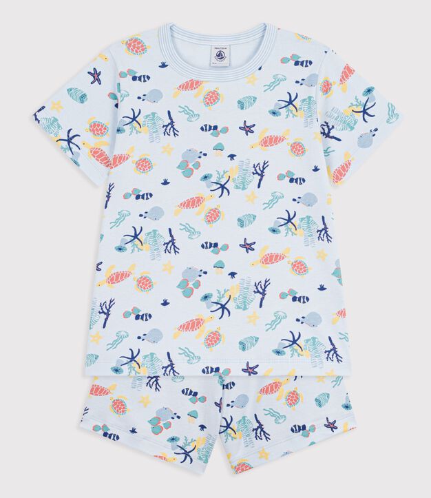 Pigiama corto in cotone con stampa fosforescente bambino blu/multicolore