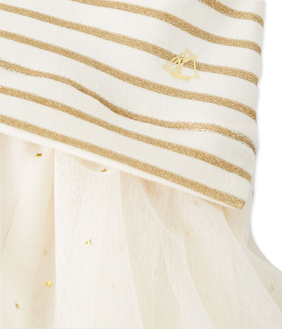 Abito bambina bi-matiere a righe brillantinate beige COQUILLE/giallo LUREX DORE