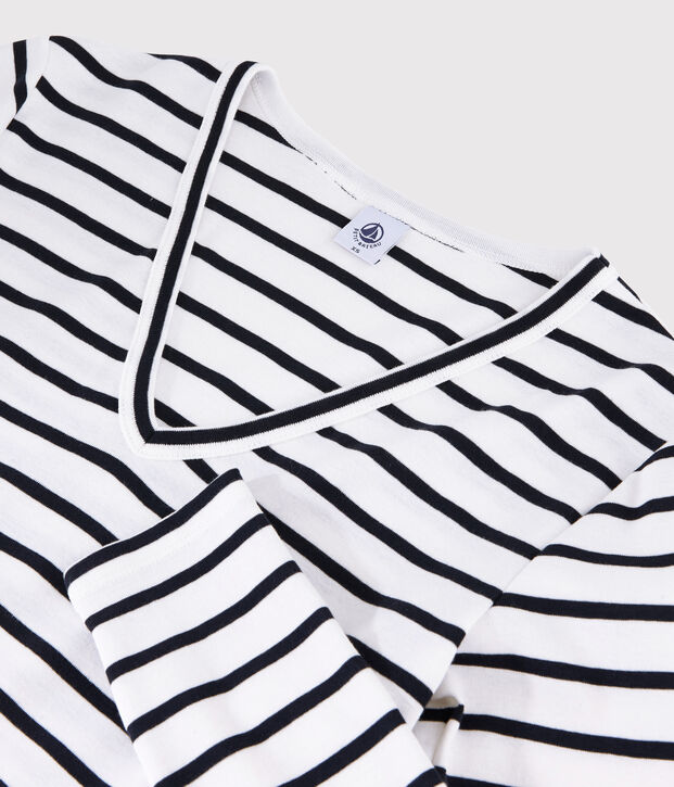 T-shirt scollo a V iconica in cotone a righe Donna bianco/blu