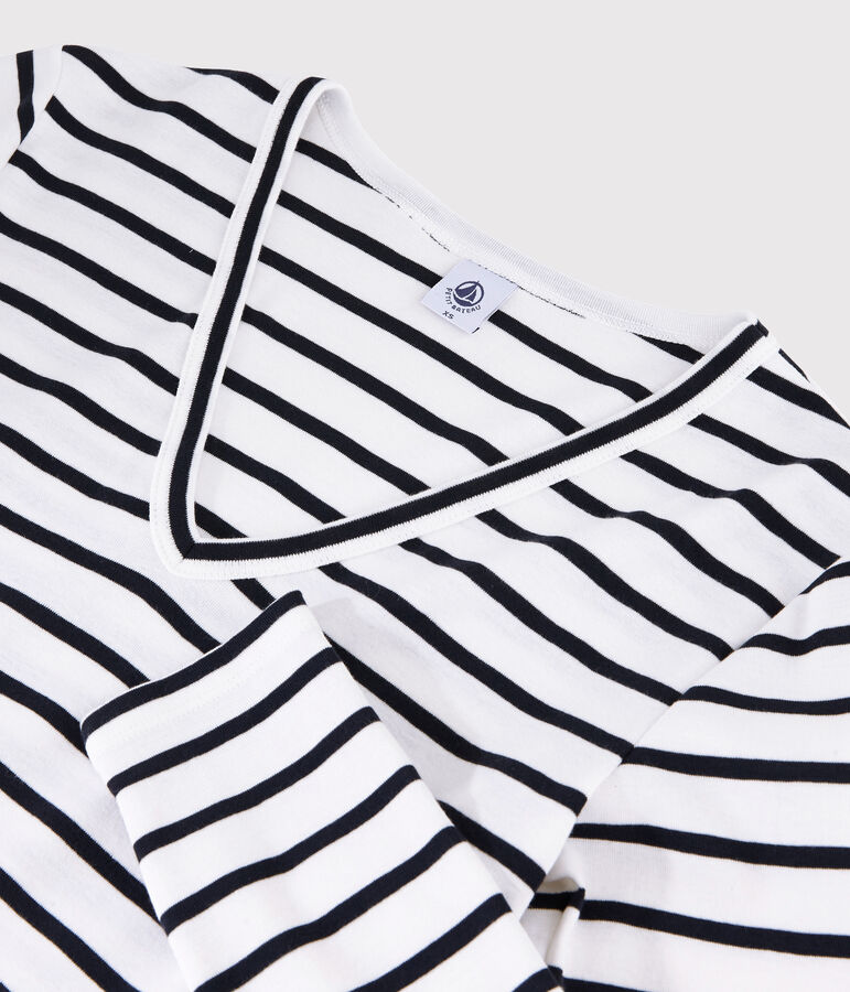 T-shirt scollo a V iconica in cotone a righe Donna bianco MARSHMALLOW/blu SMOKING