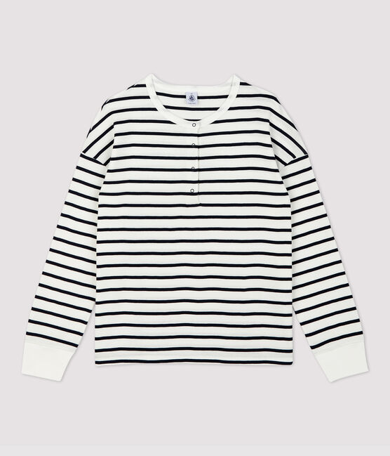 T-shirt marinière con collo alla tunisina in cotone Donna bianco MARSHMALLOW/blu SMOKING