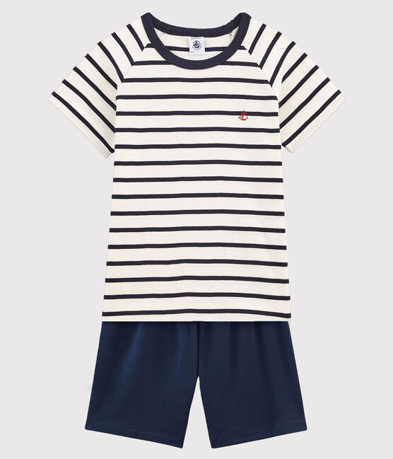 Pigiama corto marinière bambino in cotone bianco MARSHMALLOW/blu SMOKING