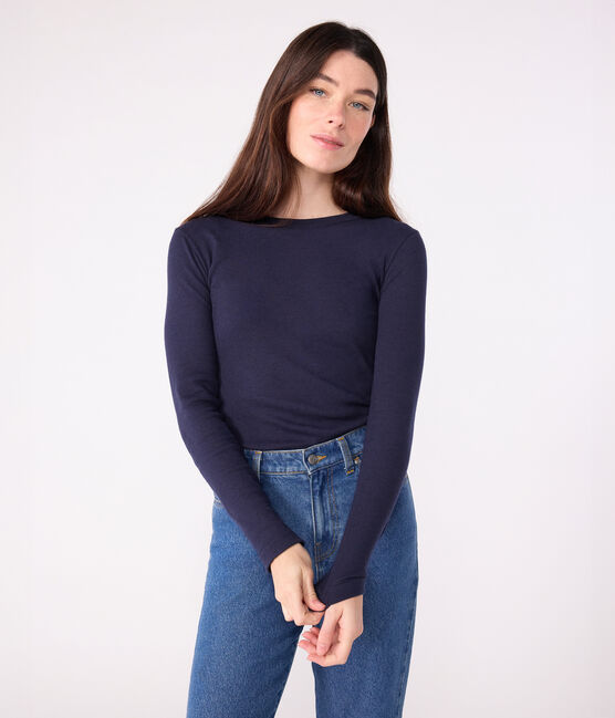 T-shirt L'Iconique a maniche lunghe in misto lana e cotone donna blu SMOKING
