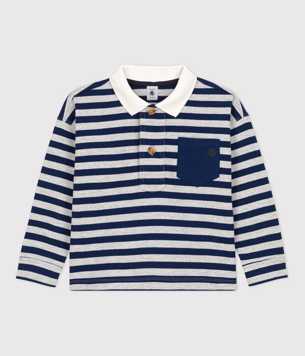 Polo bambino a maniche lunghe a righe in cotone blu/grigio