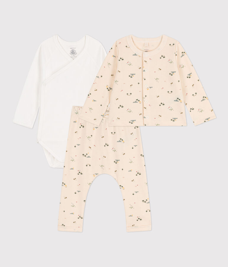 Completo beb&egrave; in cotone stampato ecru/multicolore