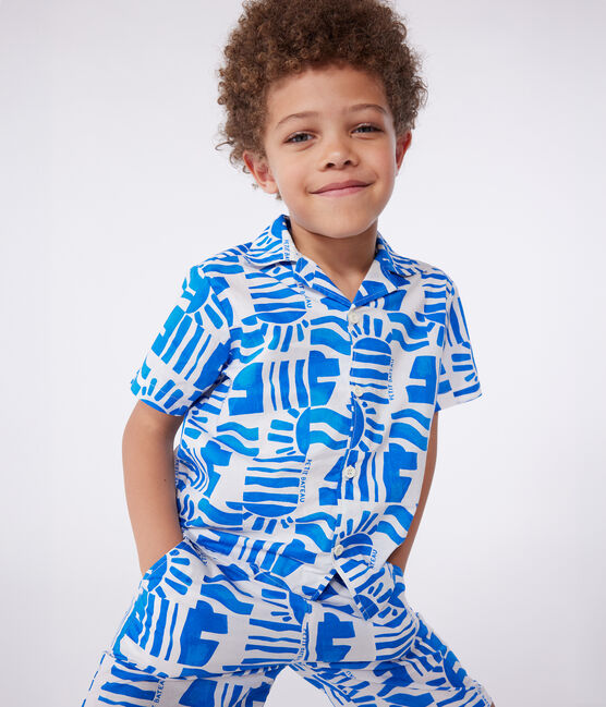 Camicia a maniche corte in cotone con stampa bambino blu MARSHMALLOW/ PORCELANA