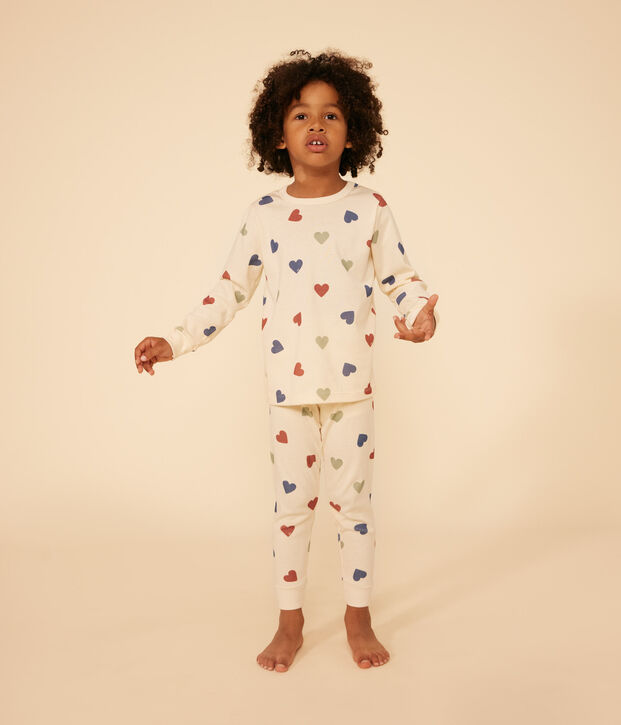 Pigiama bambino fantasia cuori in cotone ecru/multicolore