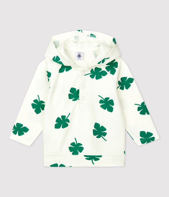 Felpa bebè in molleton con motivo vegetale e cappuccio bianco MARSHMALLOW/verde GAZON