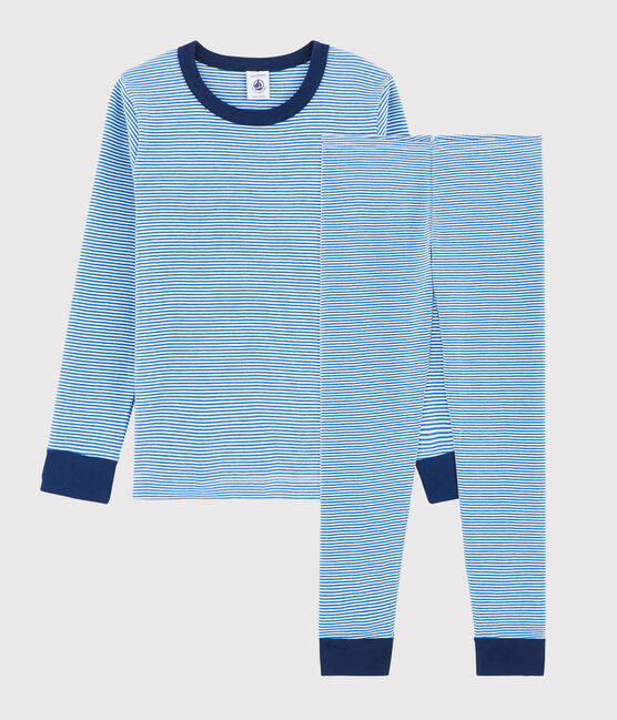 Pigiama millerighe blu bambino a costine blu RUISSEAU/bianco MARSHMALLOW