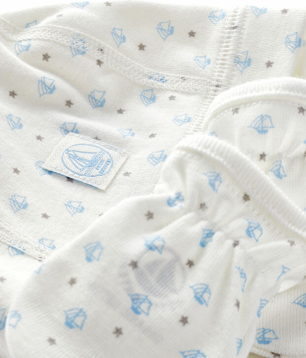 Confezione con cuffietta nascita e muffole beb&egrave; a costine multicolore