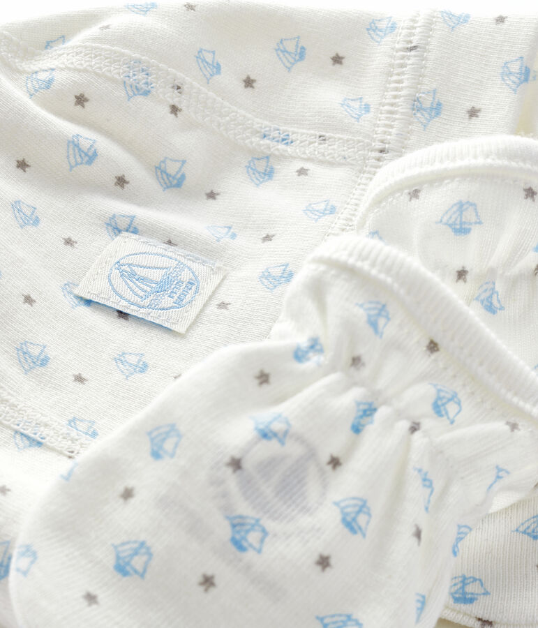 Confezione con cuffietta nascita e muffole beb&egrave; a costine variante 2