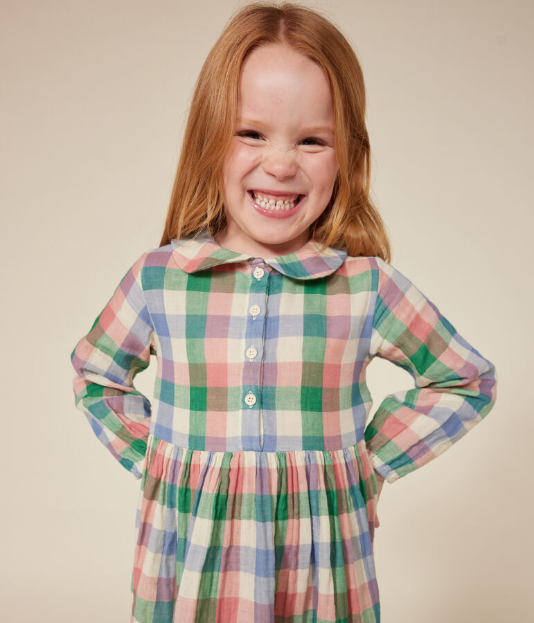 Abito a maniche lunghe in garza di cotone bambina ecru/multicolore