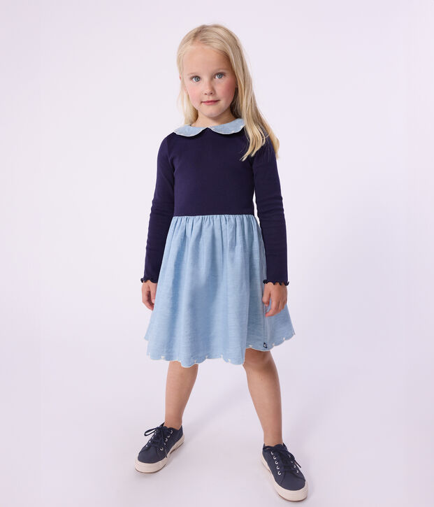 Abito a maniche lunghe bimateriale in cotone bambina SOIR