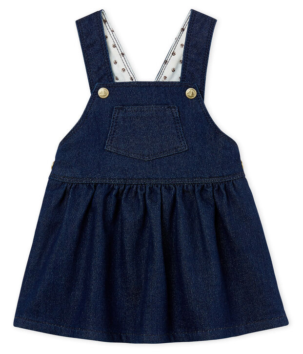 Abito salopette bambina in maglia effetto denim blu/beige