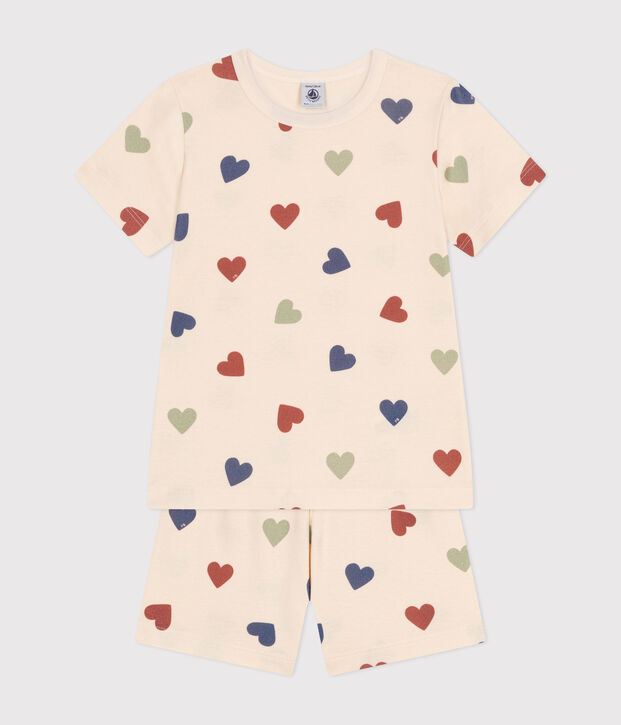 Pigiama short fantasia a cuori in cotone bambino ecru/multicolore