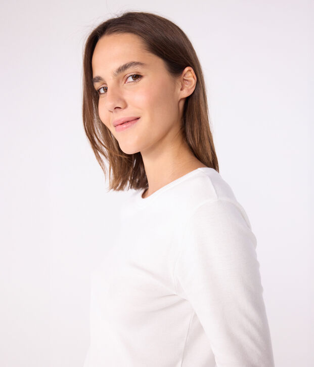 T-shirt Iconica a maniche lunghe a coste tinta unita donna bianco