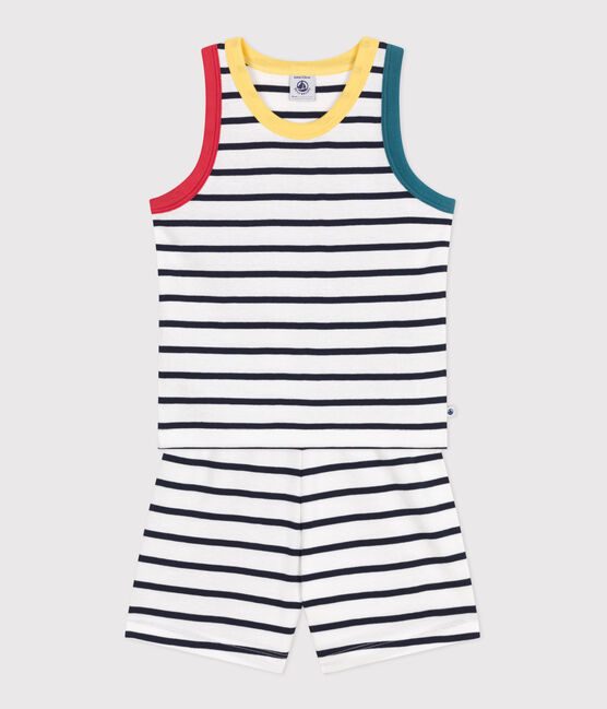 Pigiama corto con canotta in cotone a righe bambino bianco MARSHMALLOW/blu SMOKING
