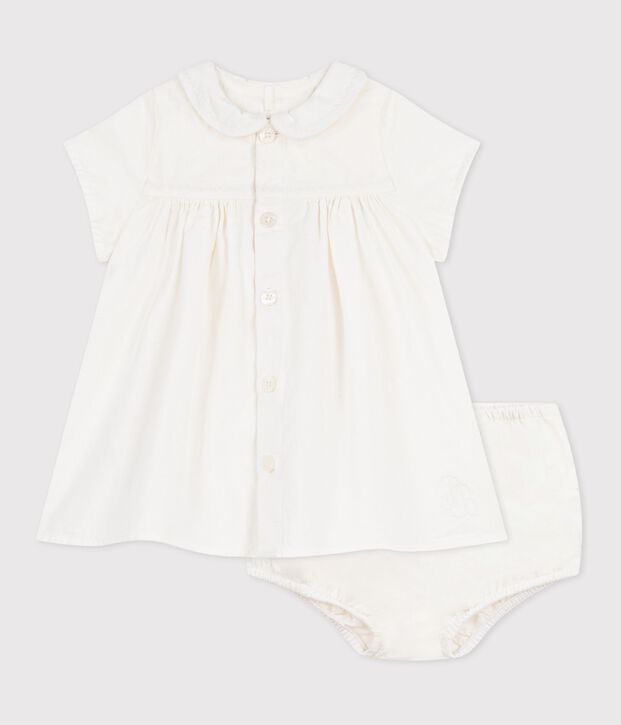 Abito in misto cotone/lino neonata con bloomer abbinato con ricamo decorativo bianco