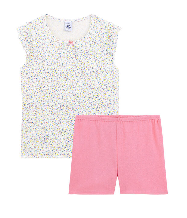 Pigiama corto bambina in lino/cotone bianco/multicolore